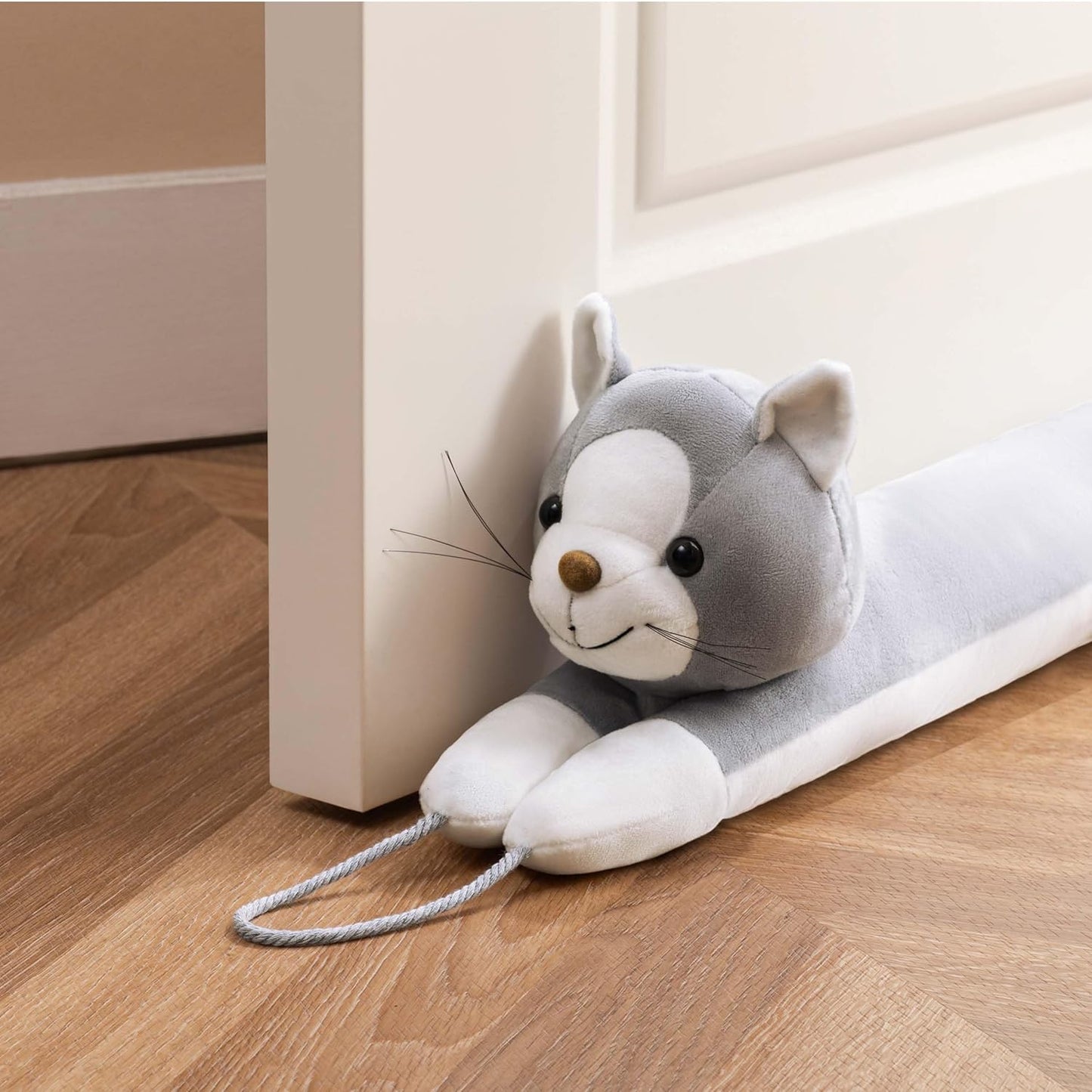 habibee Door Draft Stopper, Weighted Noise Blocker 38 in Coffee Dog | Robust Herringbone Fabric, Weighted Sandbags, Bouncy Cotton Filling, Blocks Light & Dust, Tool-free Setup, Animal Home Decor