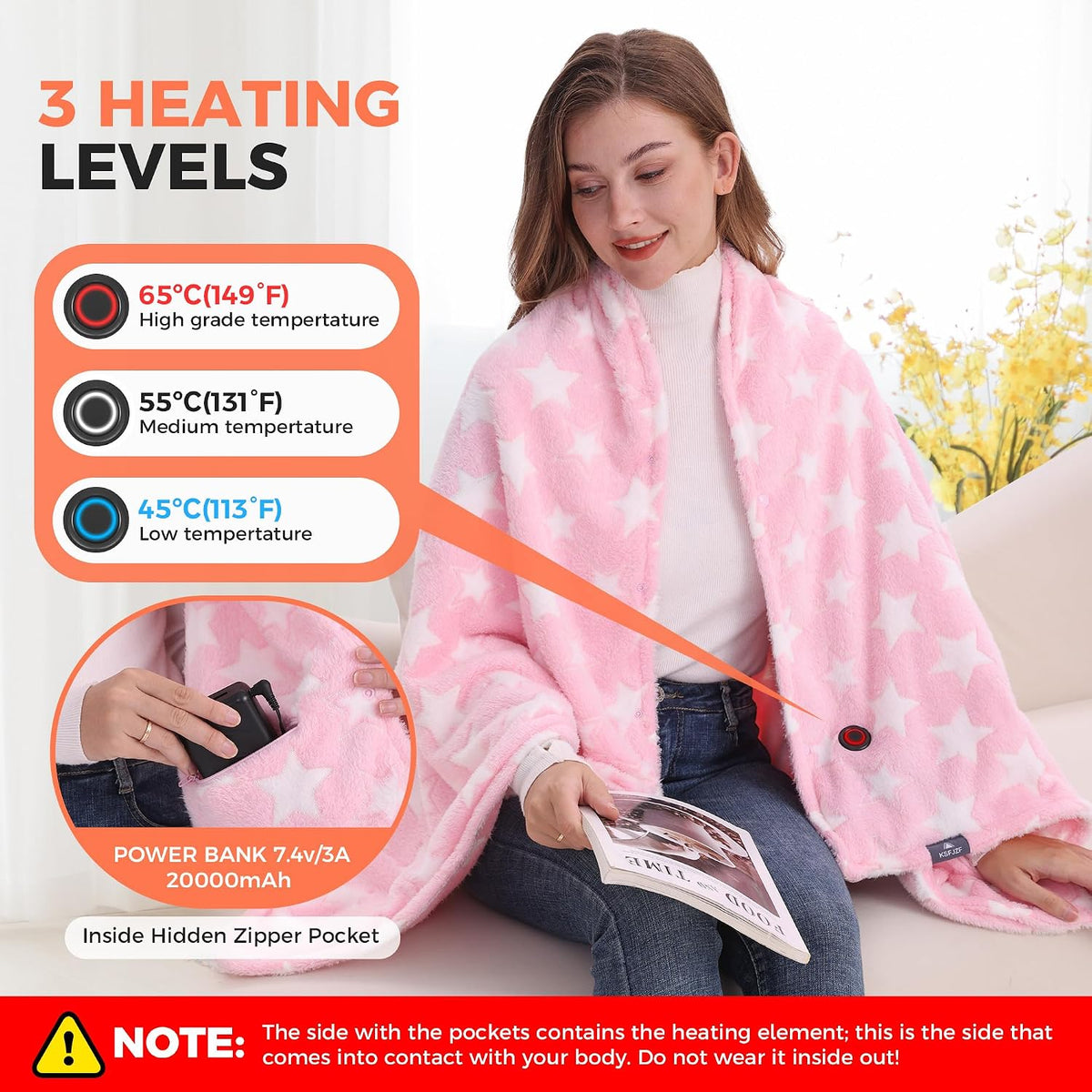KSFJZF Heated Blanket, Cordless Portable Heated Throw Blanket, Battery Operated Heating Blanket with Rechargeable 20000mAh Power Bank, 59" x 35.5" Electric Heated Shawl, 3 Fast-Heating Levels (Pink)