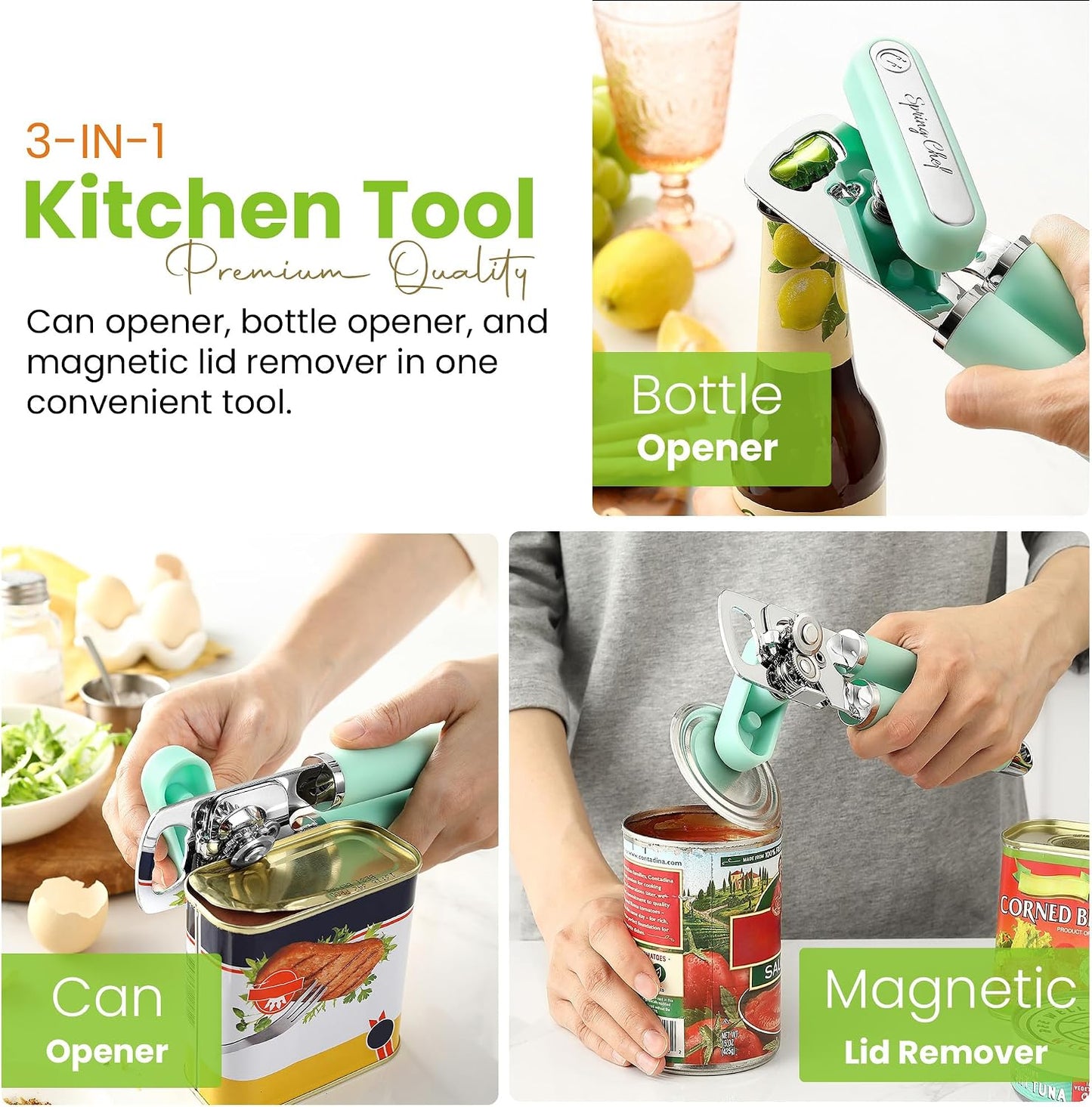 Spring Chef Stainless Steel Manual Can Opener with Soft Grip Handles, Black | Heavy Duty Hand Can Opener for Seniors with Smooth Edge, Easy Turn, 3in1 Can Opener with Magnetic Lid Remover & Bottle Opener