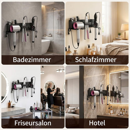 No-Drill Hair Dryer Holder Wall Mount with Storage Compartment for Bathroom | 4-in-1 Hair Tool Organizer, Blow Dryer Holder, Curler & Styler, Aluminum, Cable Mgmt, Space-Saving. Ideal for Bedroom, Salon