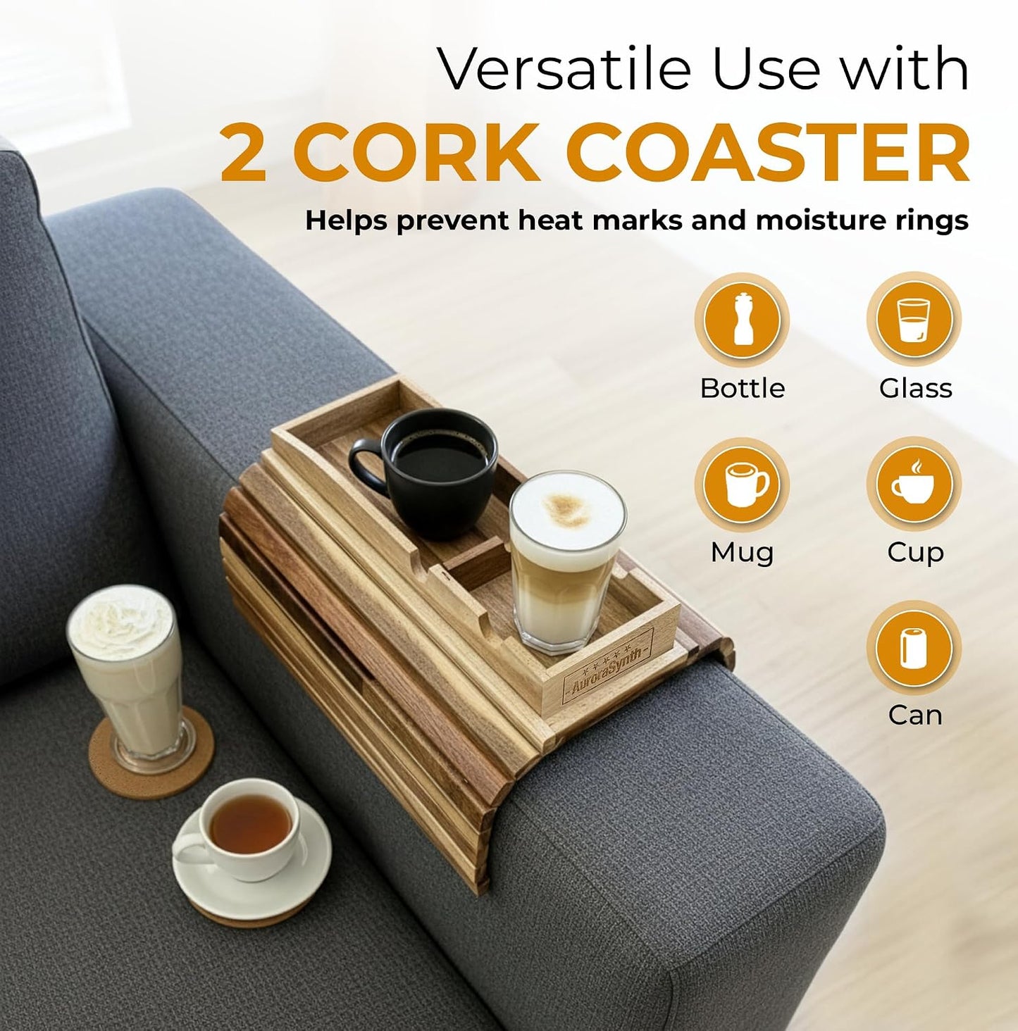 Bamboo Couch Cup Holder, 2 Cork Coasters, Anti-Slip Foldable Couch Arm Tray | 2 in 1 Foldable Sofa Arm Tray, Couch Armrest Table, Anti-Spill Couch Arm Table for Drinks TV Remote Cellphone Snacks