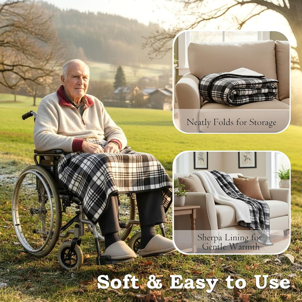 Wheelchair Lap Blanket for Seniors, 43" * 28" Soft Sherpa Lined Knee & Lap Cover, Warm Lightweight Throw with Snap Buttons, Cozy Comfort for Elderly & Caregivers, Wine Red
