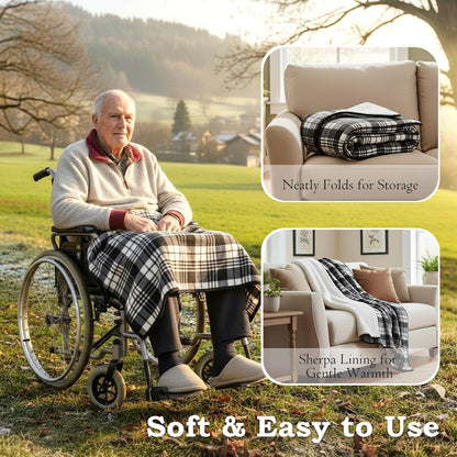 Wheelchair Lap Blanket for Seniors, 43" * 28" Soft Sherpa Lined Knee & Lap Cover, Warm Lightweight Throw with Snap Buttons, Cozy Comfort for Elderly & Caregivers, Wine Red
