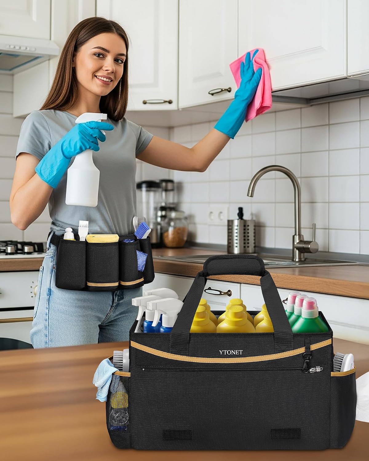 Ytonet Cleaning Caddy Bag, Extra Large Cleaning Supplies Organizer, Black | Detachable Apron & Foldable Dividers, 900D Cleaning Tote with Handle, Portable Cleaner Caddy for Housekeeper, Detailing Bag