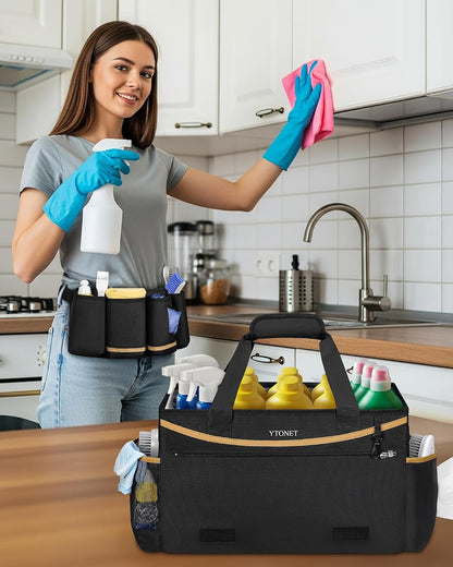 Ytonet Cleaning Caddy Bag, Extra Large Cleaning Supplies Organizer, Black | Detachable Apron & Foldable Dividers, 900D Cleaning Tote with Handle, Portable Cleaner Caddy for Housekeeper, Detailing Bag