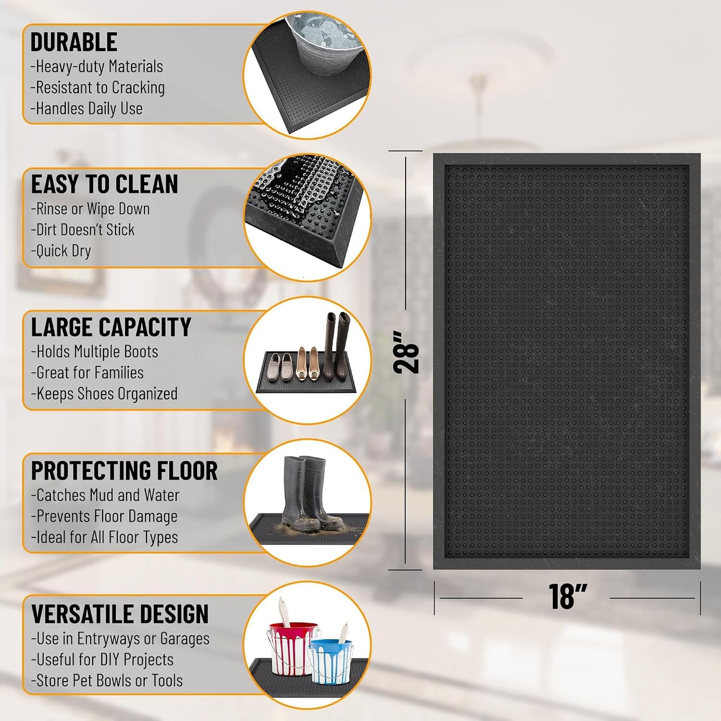 Ottomanson Indoor/Outdoor Boot Tray Non-Slip Doormat Modern Entryway Mat for Entryway Patio Backyard Garage, 18" x 28", Black