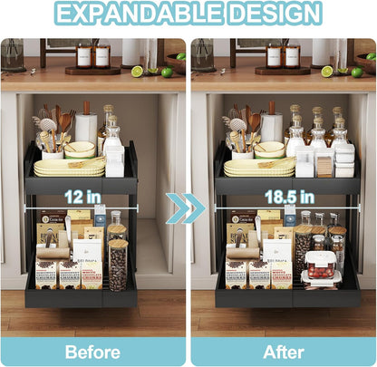 Golener 2-Tier Expandable Pull Out Cabinet Organizer, Cabinet Drawers, 16"D | Cabinet Pull Out shelves, Adjustable Pantry Drawers, Slide Out Drawers for Kitchen Cabinets, Under Sink Organizer, Black