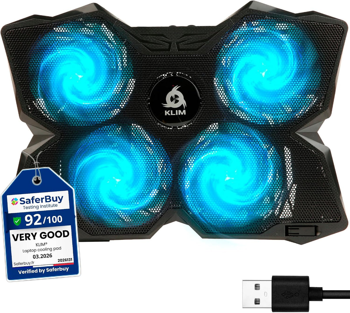 KLIM Wind Laptop Cooling Pad - More Than 500 000 Units Sold - New Version - The Most Powerful Rapid Action Cooling Fan - Laptop Stand with 4 Cooling Fans at 1200 RPM - USB Fan - PS5 PS4 - RGB