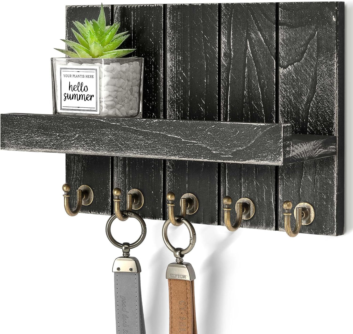 Rebee Vision Key Holder Wall Mount with 5 Key Hooks for Home Decor, Brown | 3.54'' x 10'' x 7.28'', Small Shelf for Display Plant, Key Hangers for Hat, Entryway Space-Saving Storage