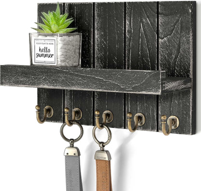 Rebee Vision Key Holder Wall Mount with 5 Key Hooks for Home Decor, Brown | 3.54'' x 10'' x 7.28'', Small Shelf for Display Plant, Key Hangers for Hat, Entryway Space-Saving Storage