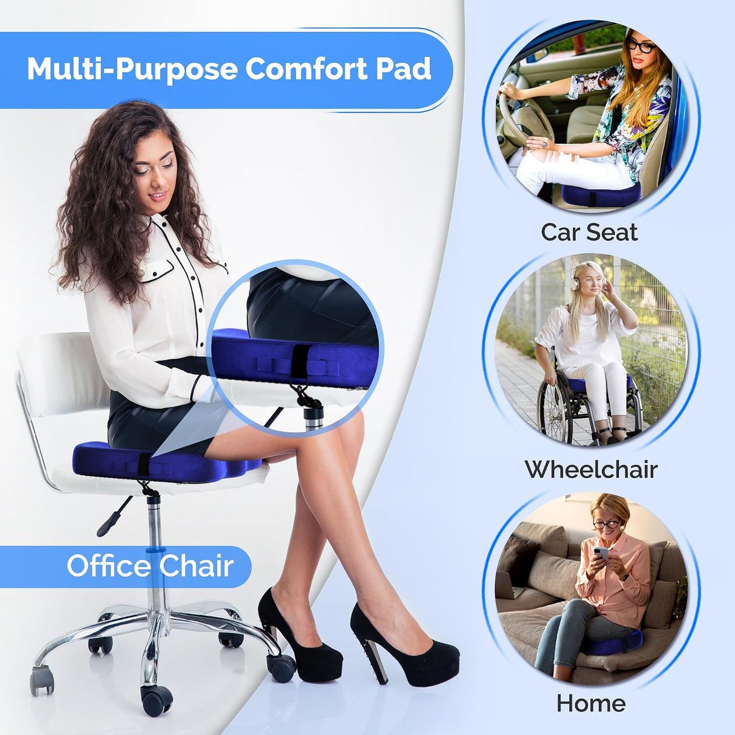 Gel Seat Cushion – Navy Blue Flannel Pillow with Velvet Removable Cover – Ergonomic Sponge Support for Office with Adjustable Strap