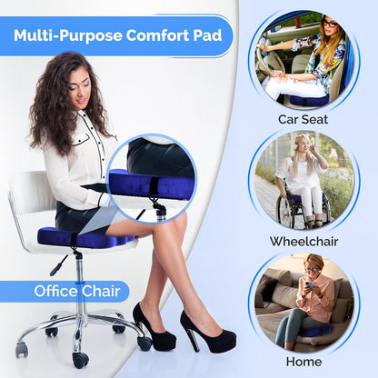 Gel Seat Cushion – Navy Blue Flannel Pillow with Velvet Removable Cover – Ergonomic Sponge Support for Office with Adjustable Strap