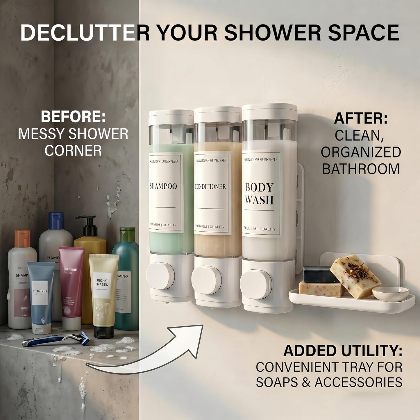 Shampoo and Conditioner Dispenser, Wall-Mounted Shower Soap Dispenser, 3 in 1 No Drill Wall Mounted Soap Dispenser, Large Capacity Triple Refillable Bottles for Bathroom, Hotel, Gym (White)