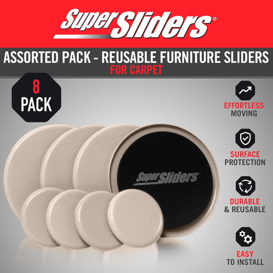 Super Sliders 8-Piece 7" and 3-1/2" Round Reusable Furniture Sliders for Carpet, Anti-Slip Protective Furniture Moving Pads for Beds, Sofas, Dressers, Beige