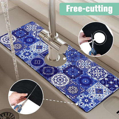 Kitchen Sink Splash Guard Faucet Mat 24" X 5.5" Tropical Leavesl Absorbent Fast Drying Mat Faucet Draining Mat Sink Splash Guard Behind Faucet Drip Catcher for Kitchen Bathroom