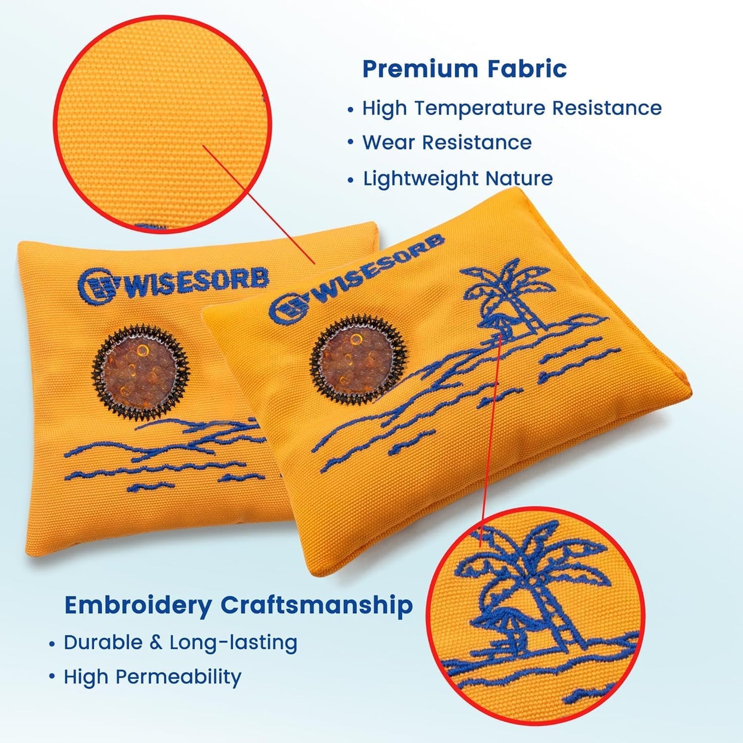 Wisesorb 500g 2pcs Rechargeable Car Dehumidifier Moisture Absorbers Bags, Reusable Desiccant Color Indicating Silica Gel Packets, Microwave Reactivated Visible Desiccant Packs for Car Closet Basement