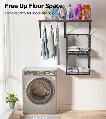 2 Pack Laundry Room Shelves Organization And Storage,Wall Mounted Clothes Drying Rack With Wire Mesh Basket Over Washer And Dryer,Large Capacity Floating Wall Shelf For Bathroom,Kitchen,Storeroom