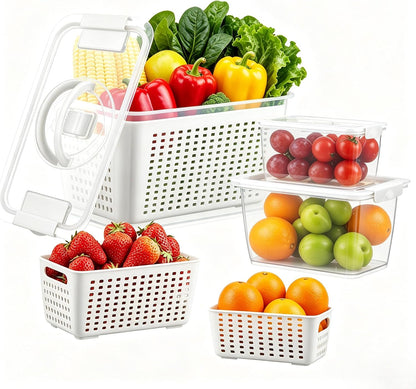 LUXEAR Produce containers for fridge,3 Set Fruit Containers with Removable Colander, BPA-Free Produce Saver Containers with Lids Dishwasher&Microwave Safe Keep Fruits, Vegetables, Berry, Fresh Longer