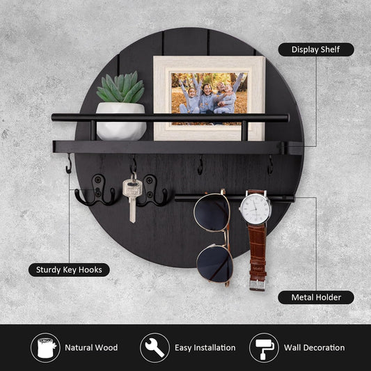 Nekon Key Holder Wall Mount, 11.8” Wood Mail Organizer for Wall, Brown | Round Wall Shelf with 6 Key Hooks, Rustic Key and Mail Holder, Key Hanger for Entryway Hallway Kitchen
