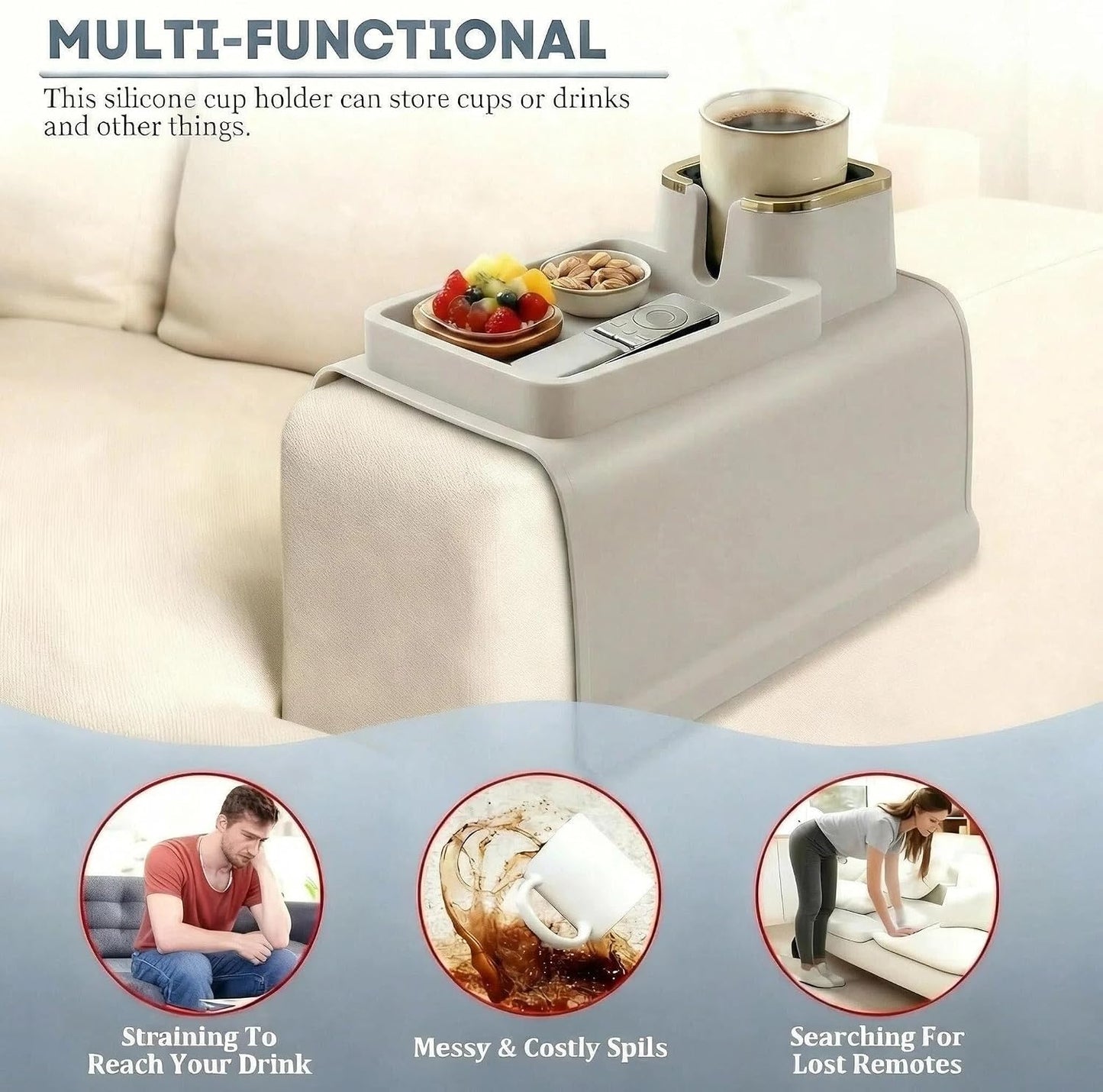 Luxury Gold Trim Couch Cup Holder Tray - Weighted Anti-Spill Navy Blue Silicone Sofa Armrest Organizer, Non-Slip Recliner Tray Table for Drinks, Remote, Phone - Fits Most Couch Arms