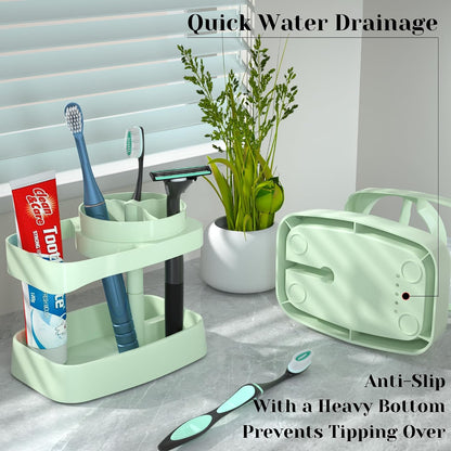 Toothbrush Holders for Bathrooms, 4 Slots with Drainage and Ventilation, ABS Plastic, with Anti-Slip Base for Holding Electric Toothbrush & Toothpaste (Green)