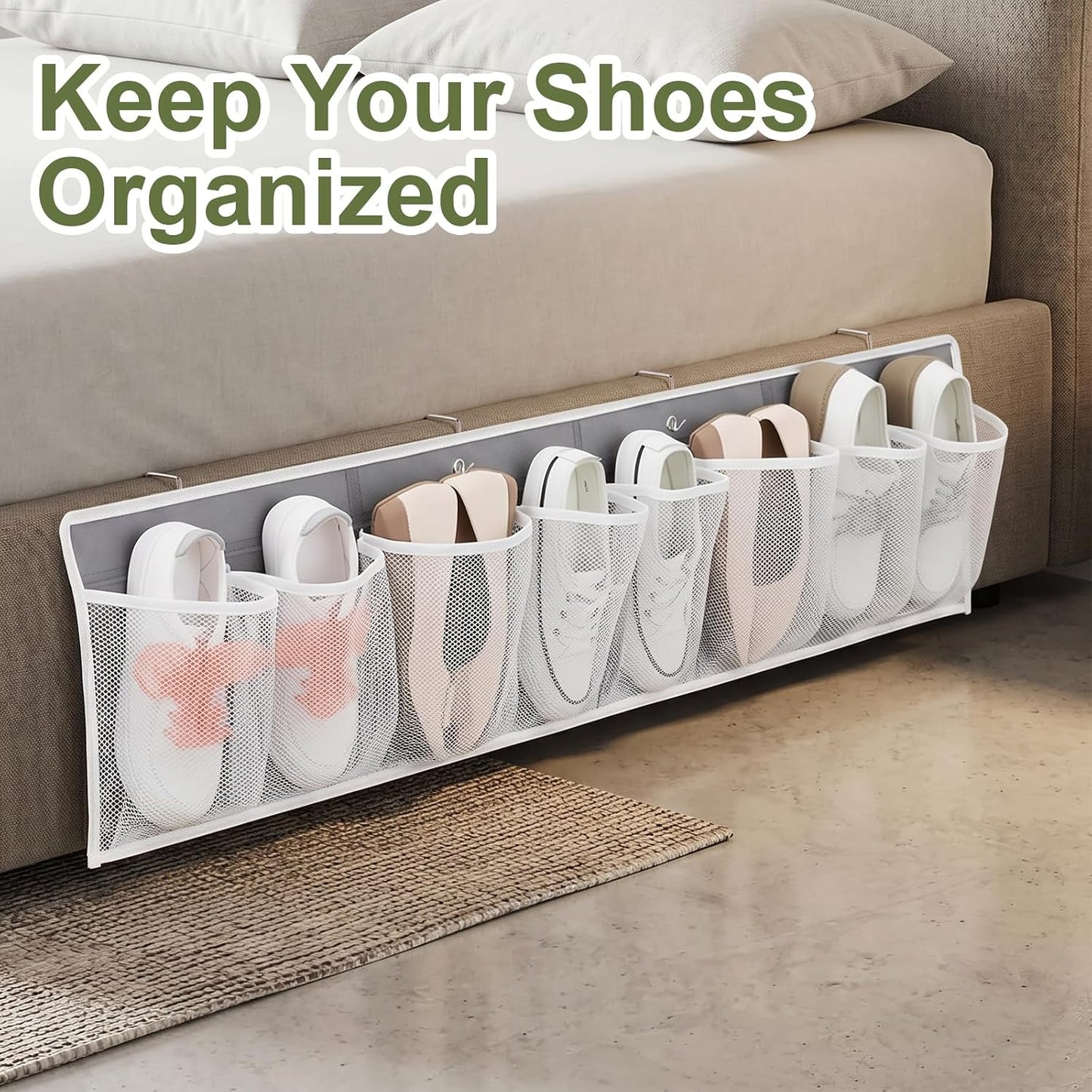 RV Shoe Storage for Bedside - 4 Packs Hanging Shoe Organizer with 32 Large Mesh Pockets, Wall Mounted Entryway Shoes Rack, Bed Hanging Pocket Caddy for Camper, Dorm & Bedroom Organization, Gray