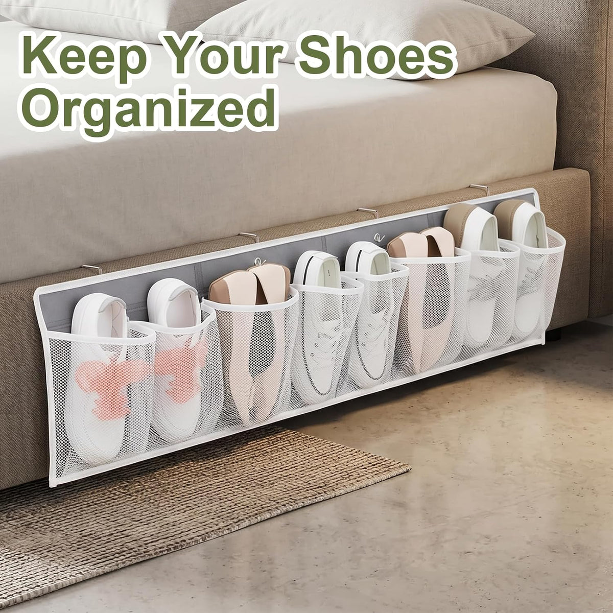 RV Shoe Storage for Bedside - 4 Packs Hanging Shoe Organizer with 32 Large Mesh Pockets, Wall Mounted Entryway Shoes Rack, Bed Hanging Pocket Caddy for Camper, Dorm & Bedroom Organization, Gray