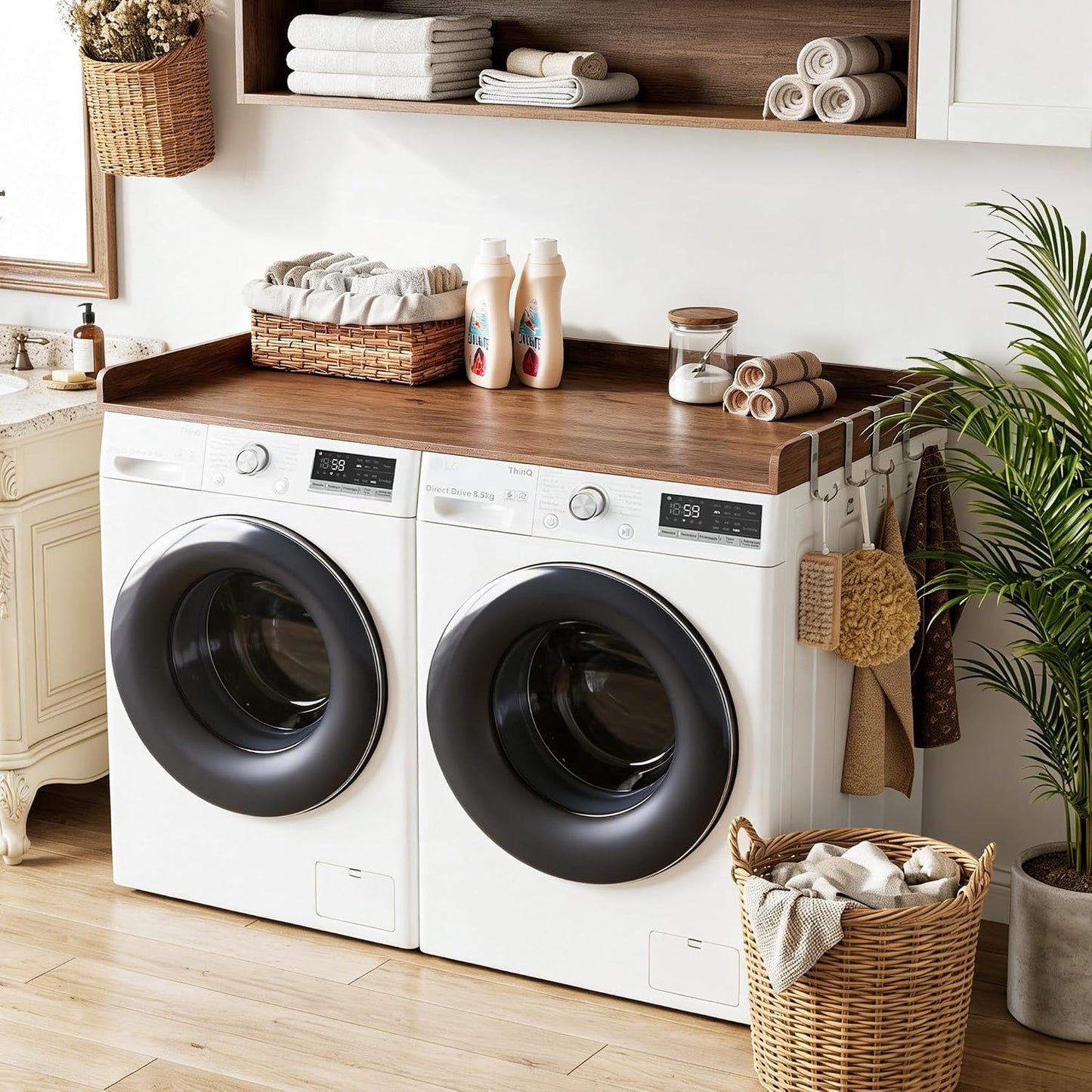 2-Tier Washer Dryer Countertop with Shelves & Metal Hooks, 27" W x 27.5" D Large Laundry Topper for Room Organization & Folding Clothes & Storage(Oak)