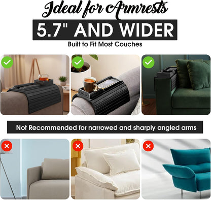 Bamboo Couch Cup Holder, 2 Cork Coasters, Anti-Slip Foldable Couch Arm Tray | 2 in 1 Foldable Sofa Arm Tray, Couch Armrest Table, Anti-Spill Couch Arm Table for Drinks TV Remote Cellphone Snacks