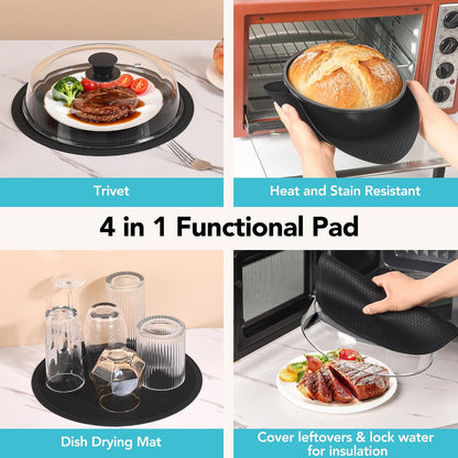 AUFKXOO 10 inch Glass Microwave Cover for Food,2-in-1 Microwave Splatter Cover with Silicone Pad, Microwave Plate Lid with Vent Holes & Easy-Grip Handle