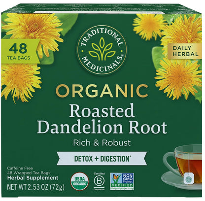 Traditional Medicinals Organic, Dandelion Leaf & Root - Dandelion Root Tea, Supports Normal Detox + Digestion - Kosher, Non-GMO, Caffeine-Free, Compostable - 16 Tea Bags