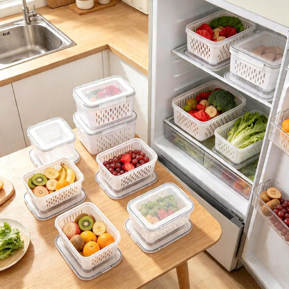 6 Packs Large Fruit Containers, Fridge Organizer Bins | Plastic Airtight Food Storage Containers with Removable Colander for Berries, Fruits, Vegetables, Salad