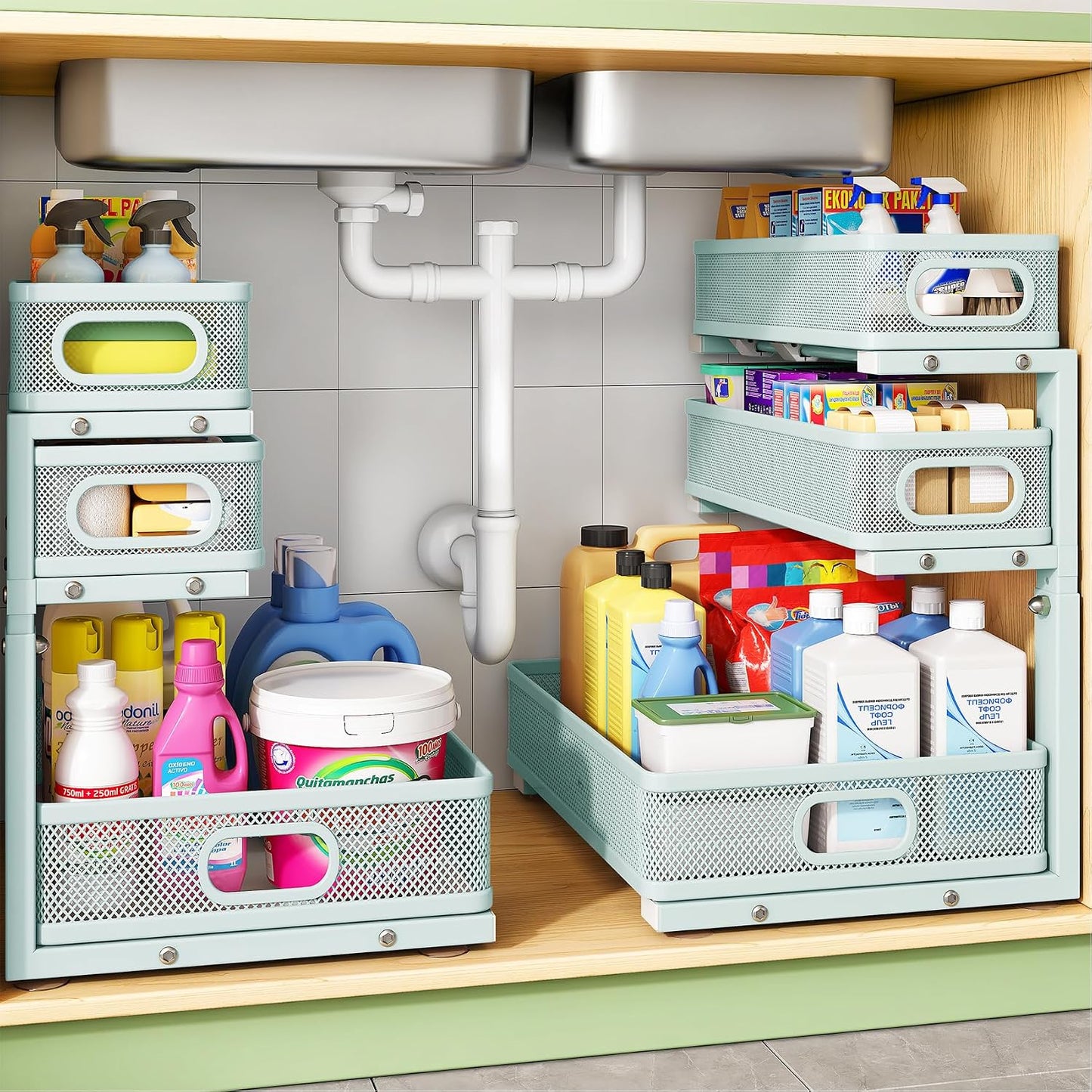Kitstorack Under Sink Organizer, 2-Pack 3-Tier Height Adjustable Thickened Metal Pull out Cabinet Organizer Shelf, Slide out Storage Drawer Rack for Bathroom Kitchen Pantry Home Laundry Organization