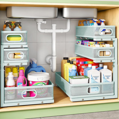 Kitstorack Under Sink Organizer, 2-Pack 3-Tier Height Adjustable Thickened Metal Pull out Cabinet Organizer Shelf, Slide out Storage Drawer Rack for Bathroom Kitchen Pantry Home Laundry Organization