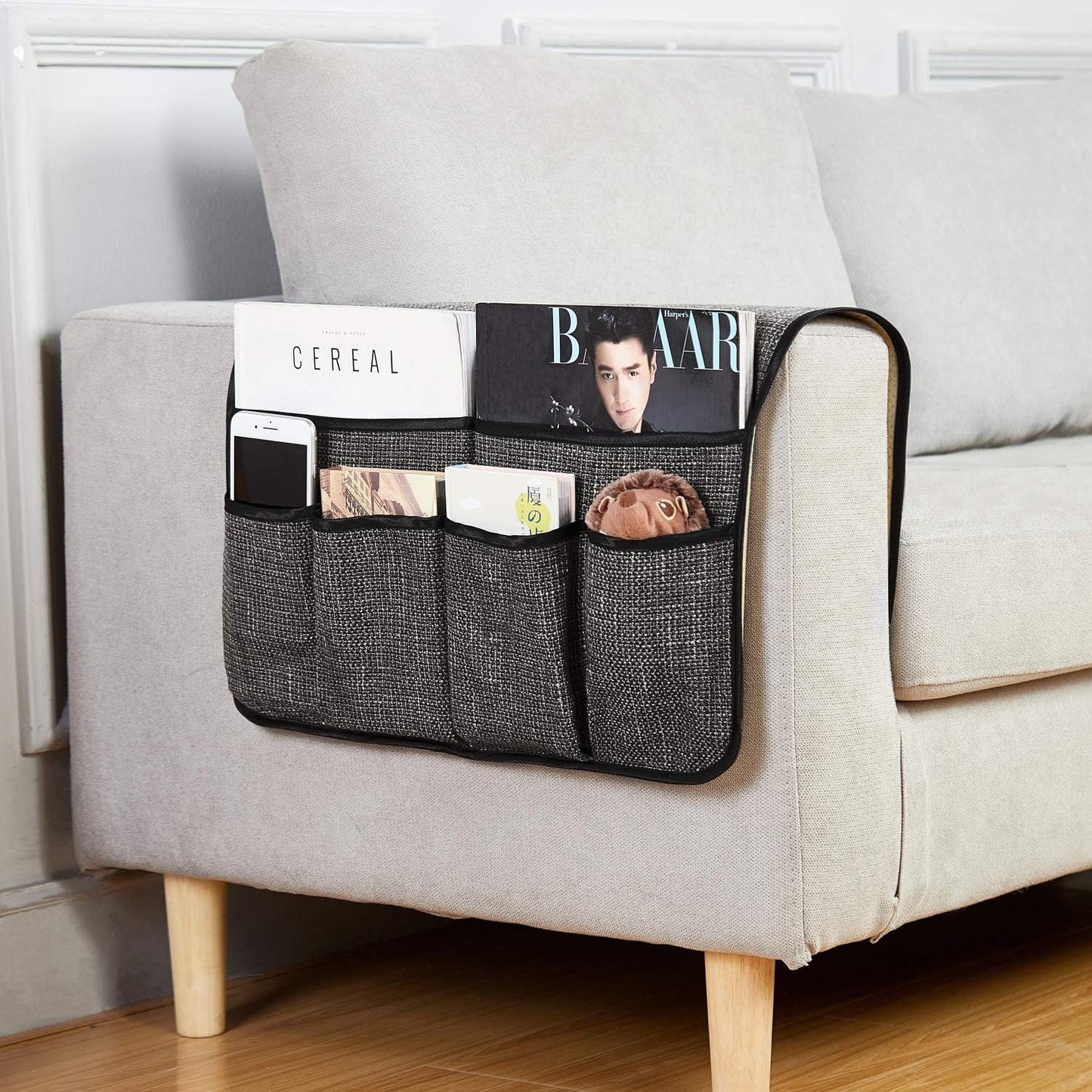 Sofa Armrest Organizer Non-Slip Arm Chair Hanging Caddy Remote Control Holder for Magazine, Phone, Books, Glasses(Black,13in)
