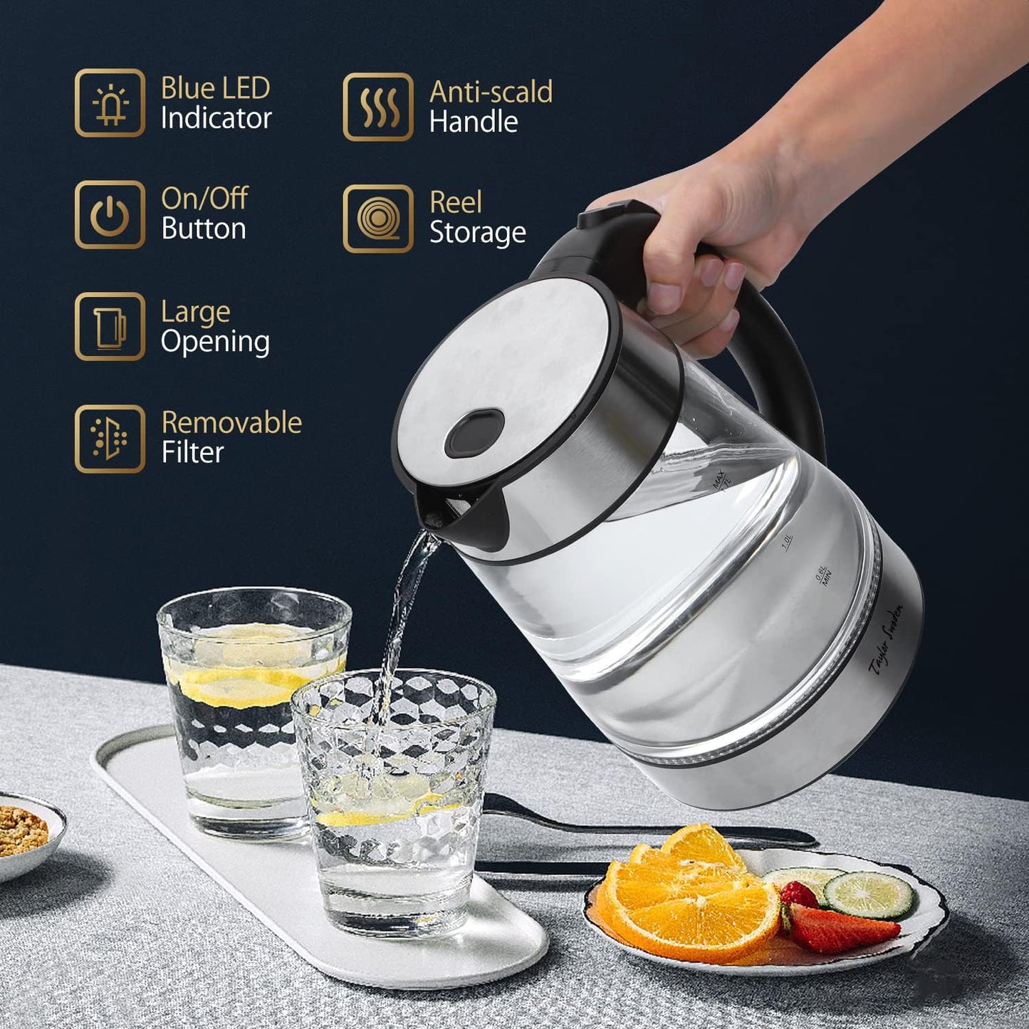 Taylor Swoden 1.7L Electric Tea Kettle, Glass Hot Water Boiler for Tea | Fast Boiling Electric Kettle Cordless Water Boiler with Auto Shutoff & Boil Dry Protection, Glass & Stainless Steel