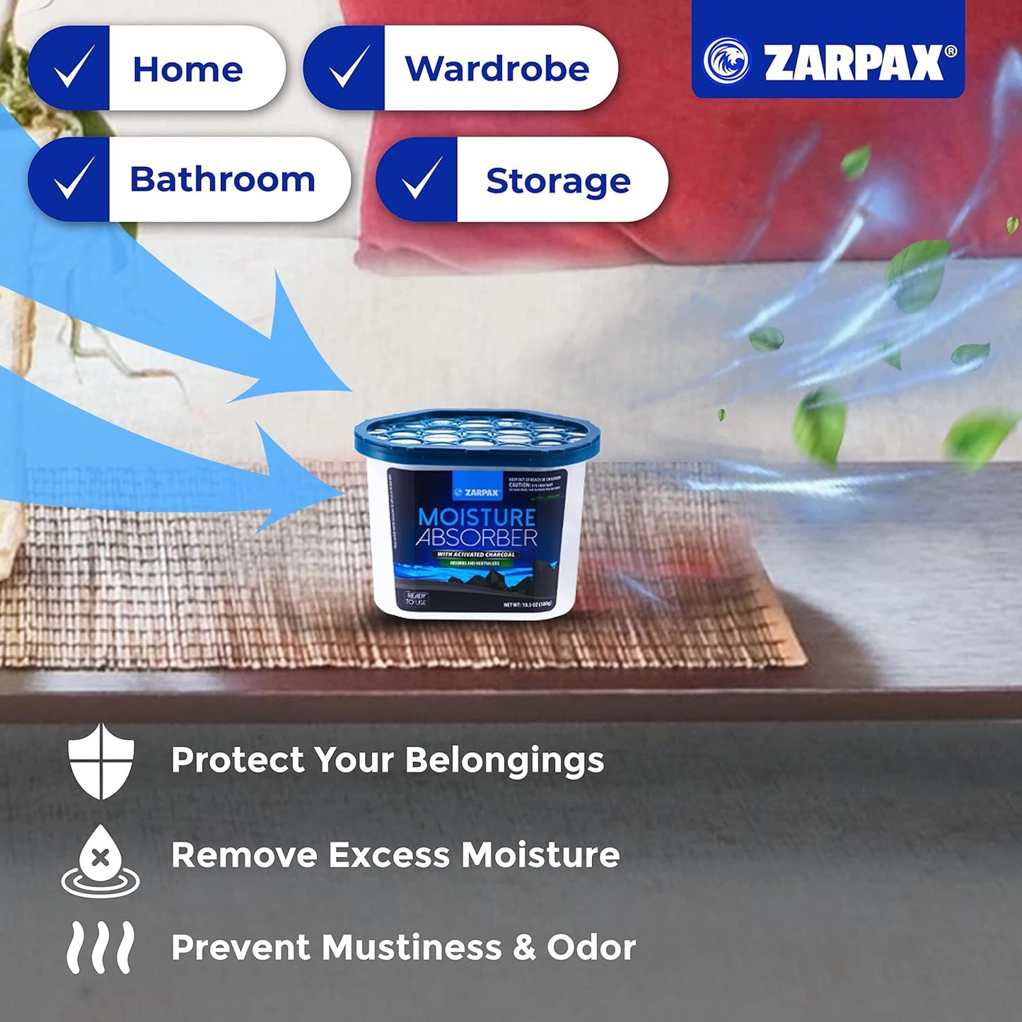 ZARPAX Moisture Absorber Activated Charcoal 10.5 oz/300g | Removes Moisture, Damp, Humidity & Odors | Odor Absorber | Moisture Trap for Bathroom, Closet, Kitchen & Small Spaces | Set of 4
