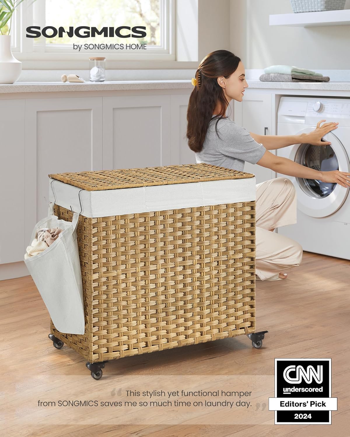 SONGMICS Laundry Hamper with Lid, 42.3 Gallons (160 L), Rolling Laundry Basket with Wheels, 3-Section Synthetic Rattan, Removable Liner, Bedroom, 29.9 x 13 x 26 Inches, Natural ULCB365N01