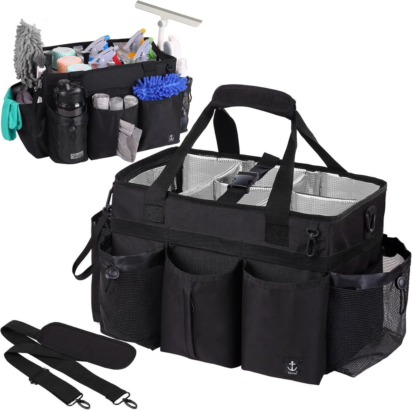 Large Cleaning Caddy Bag Built-in hard plastic sheet Aluminum foil lining | Waterproof nylon, aluminum foil lining, detachable dividers, dual straps for housekeepers