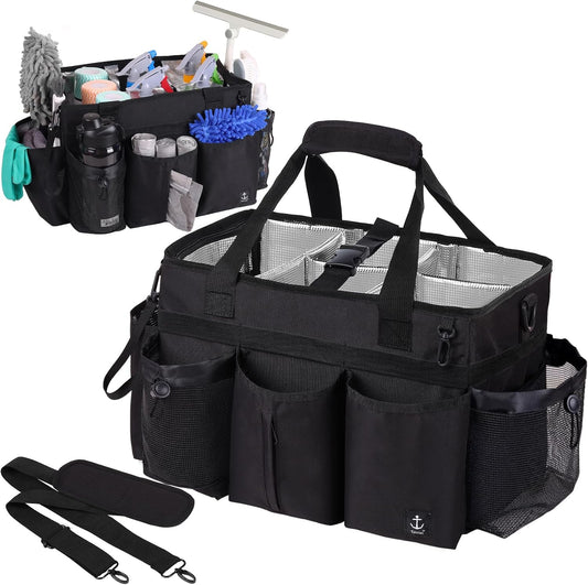 Large Cleaning Caddy Bag Built-in hard plastic sheet Aluminum foil lining | Waterproof nylon, aluminum foil lining, detachable dividers, dual straps for housekeepers