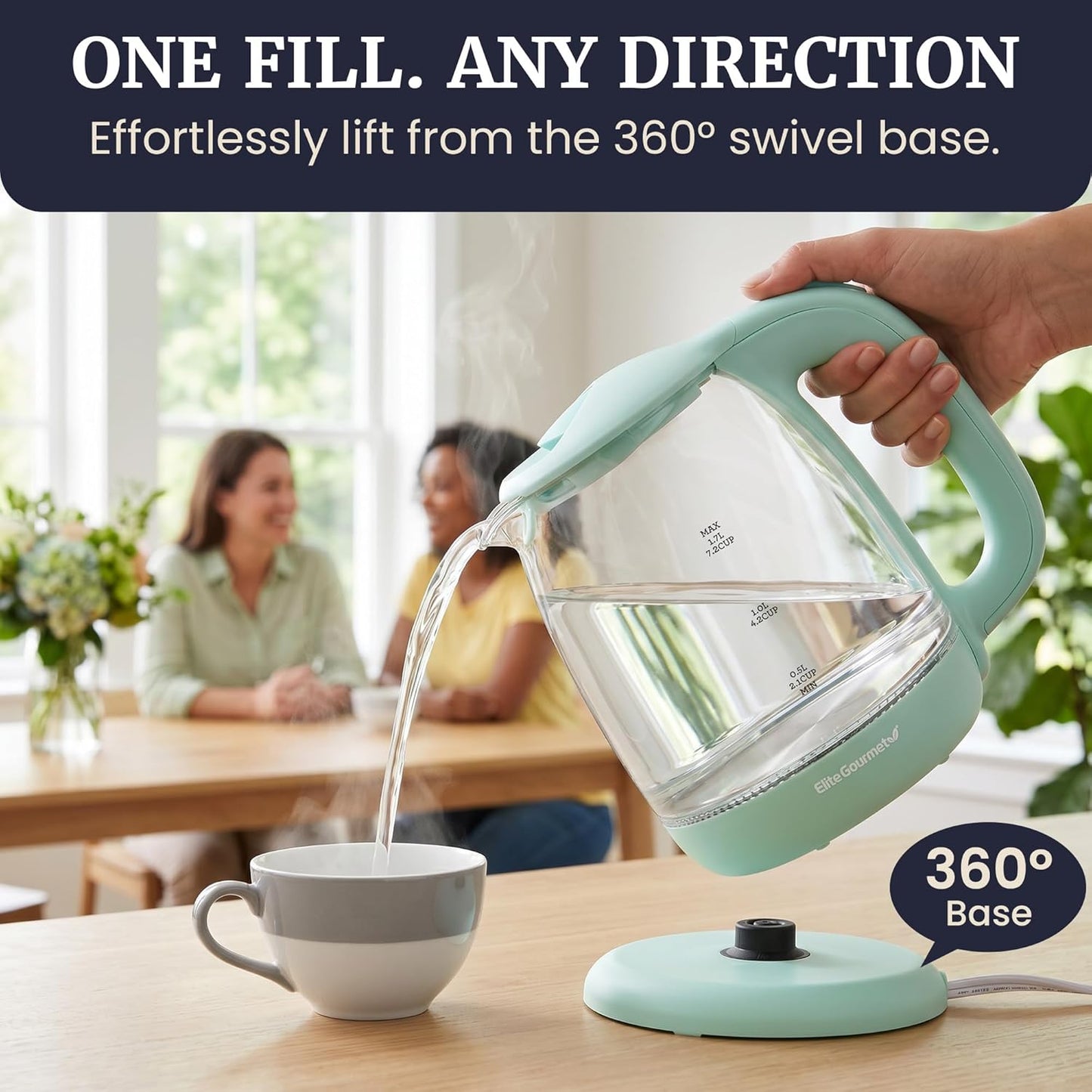 Elite Gourmet EKT1792M 1.7L Glass Kettle, Blue LED, Rapid Boil, 7.2 Cups | Auto Shut-Off, Boil-Dry Protection, 360° Cordless Base, Hot Water for Tea, Coffee & Oatmeal