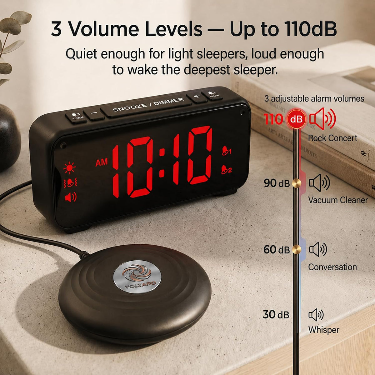 Vibrating Bed Shaker Alarm Clock for Deaf & Hard of Hearing, Black