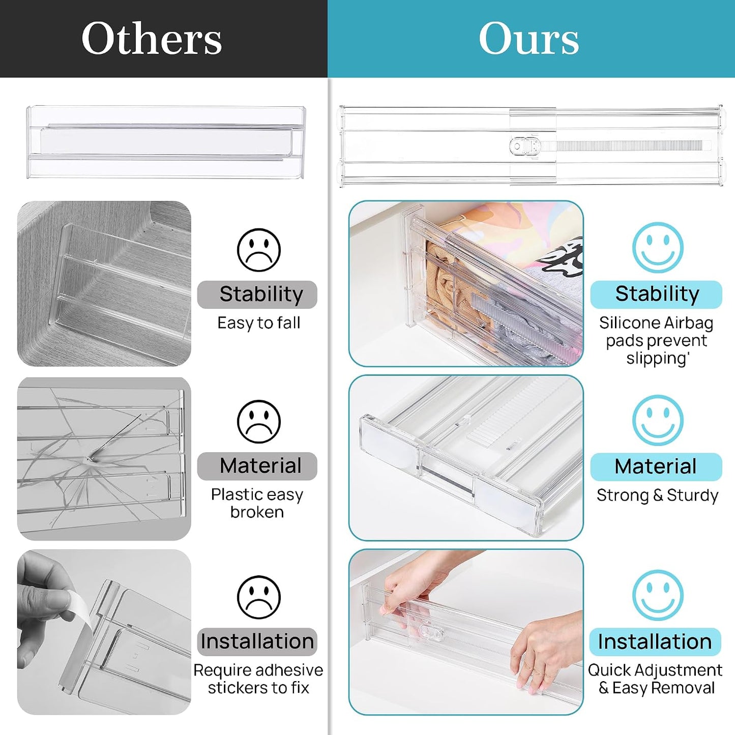 Vtopmart 2.36" Drawer Dividers with Expandable Inserts, 12.8"-22.3", 8 Pack | Adjustable Kitchen Drawer Organizer, Clear Organizer Separator for Flatware, Utensil, Cutlery, 8 Dividers with 14 Inserts