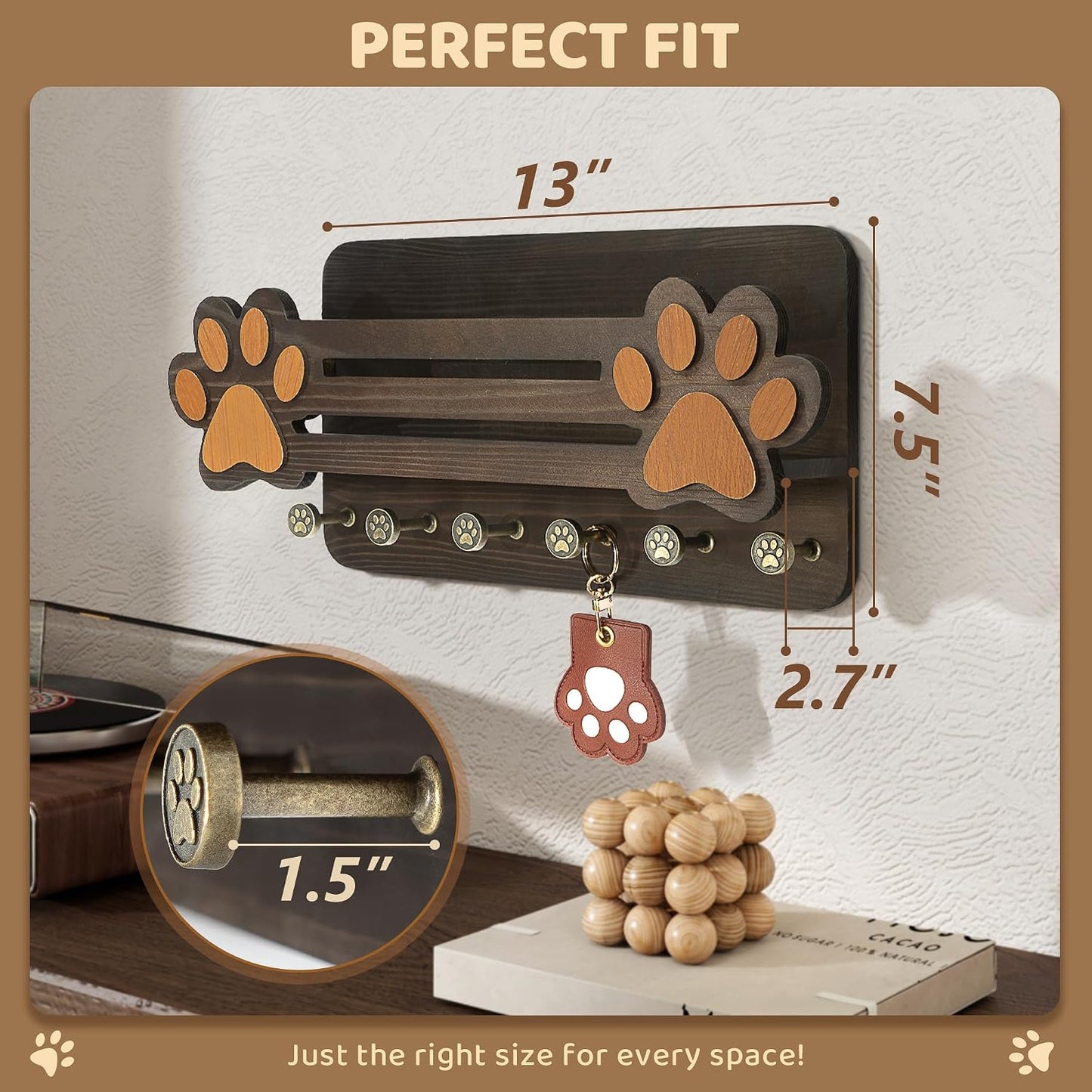 MTERSN Dog Leash Holder for Wall with Wall Shelf for Dog Lover, White | 3D Paw-print Design, Mail Holder for Wall with 6 Hooks for Dog Leash & Sunglasses, Put Dog Food Container, Rustic Home Decor
