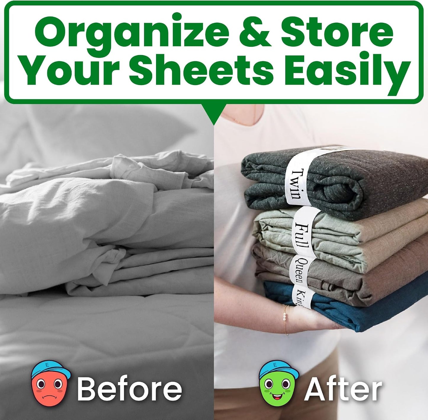 ECOHomes Bed Sheet Organizer Label Bands (King 4PCs Pack, Cream) | Storage Size Label Bands, Bed Sheets Set Organizers, Linen Closet Organization, Elastic Bedding Band, for Organizing Bedsheet