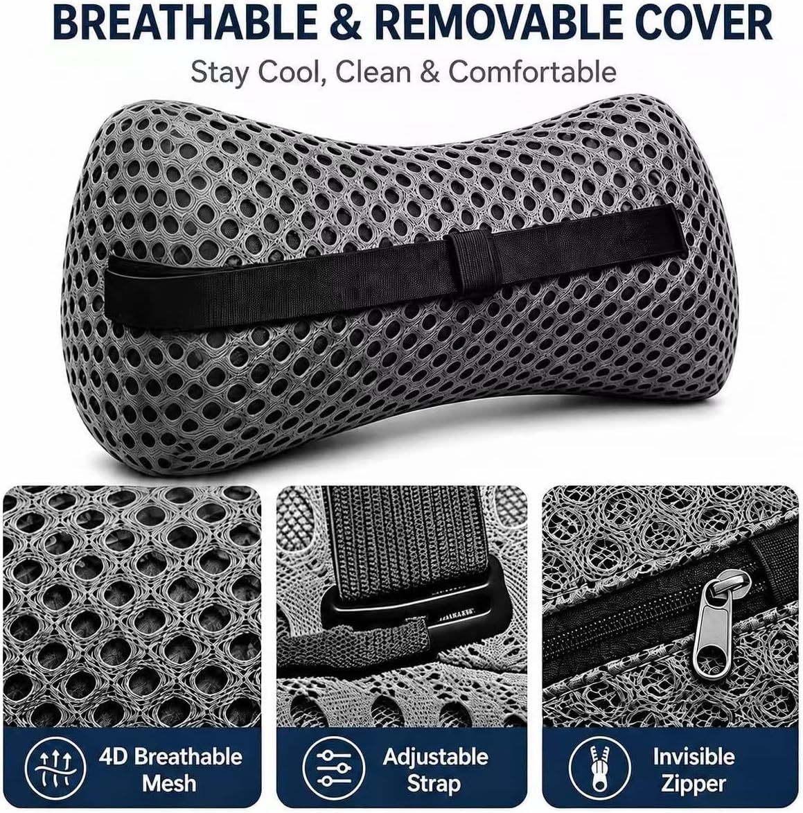 Ergonomic Lumbar Support Pillow, Memory Foam Back Cushion | Back Pillow for Low Back Pain Relief, Ergonomic Support with Detachable Fixation Band for Office Chair, Car Seat and Recliner