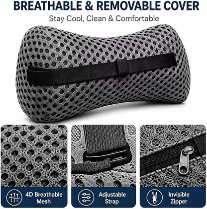Ergonomic Lumbar Support Pillow, Memory Foam Back Cushion | Back Pillow for Low Back Pain Relief, Ergonomic Support with Detachable Fixation Band for Office Chair, Car Seat and Recliner