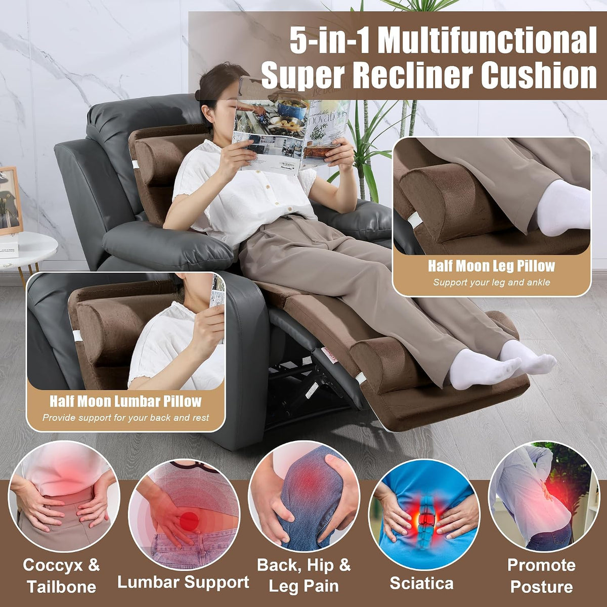 HOMBYS 5-in-1 Recliner Seat Cushion for Elderly+Lumbar Support Pillow + Leg Pad, with Adjustable Half Moon Neck Pillow & Footrest, Foam Filling with Velvet Fabric, Thick & Non-Slip, Brown