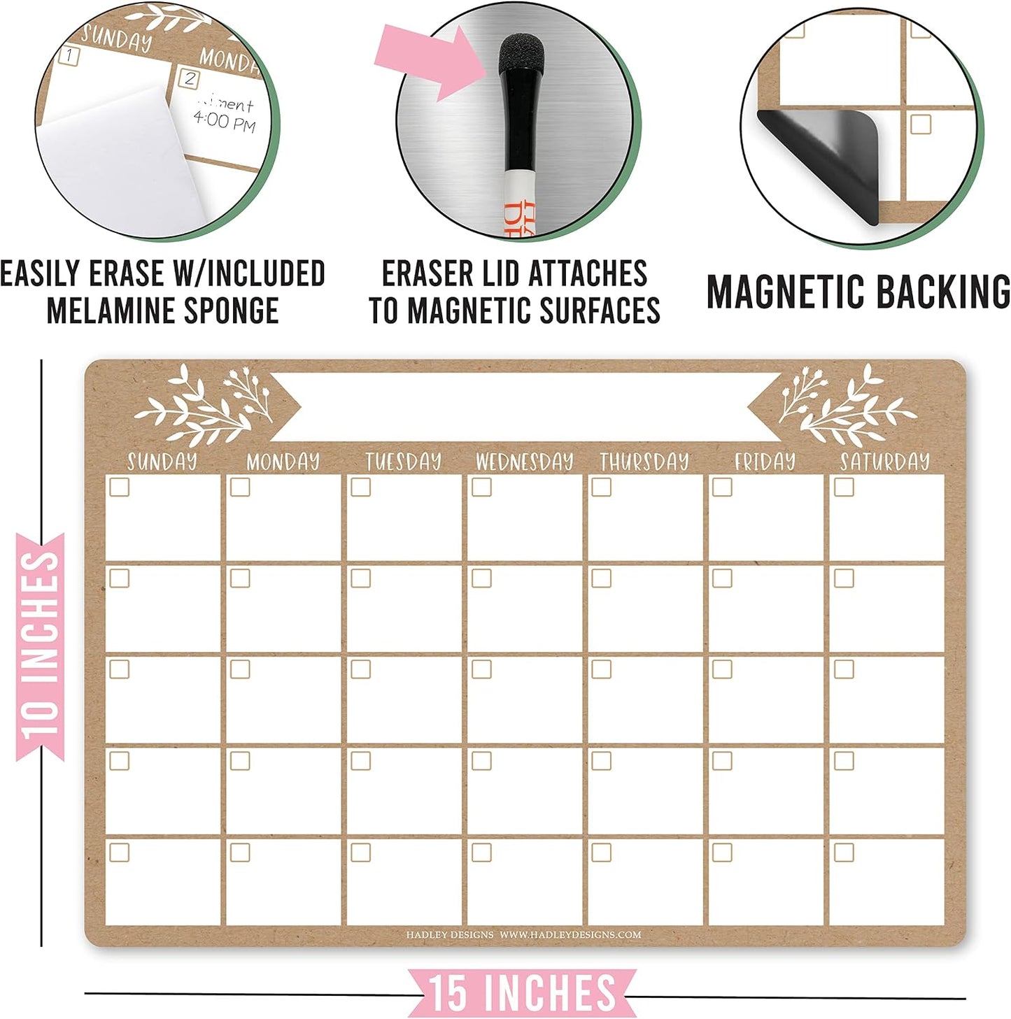 Hadley Designs Magnetic Calendar for Refrigerator - Kraft White Magnetic Dry Erase Calendar, Dry Erase Calendars for Wall, Magnet Fridge Calendars, Notepad for Fridge with Magnet
