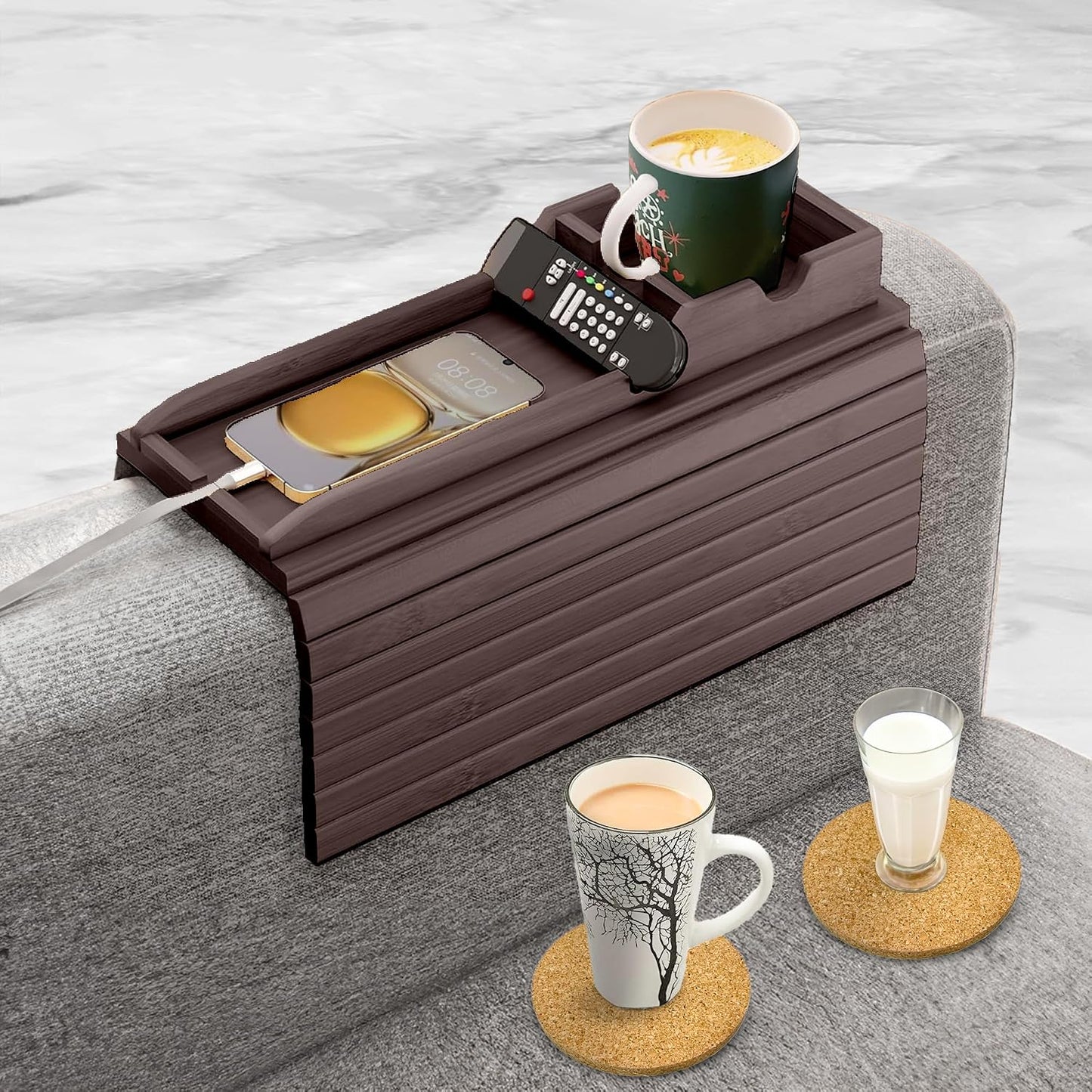 Bamboo Couch Cup Holder, 2 Cork Coasters, Anti-Slip Foldable Couch Arm Tray | 2 in 1 Foldable Sofa Arm Tray, Couch Armrest Table, Anti-Spill Couch Arm Table for Drinks TV Remote Cellphone Snacks